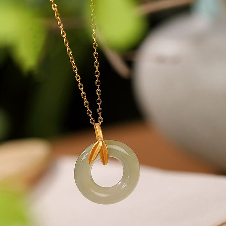 Buddha Stones 925スターリングシルバー シアン翡翠 ピースバックル 竹の葉 ハーモニーネックレスペンダント