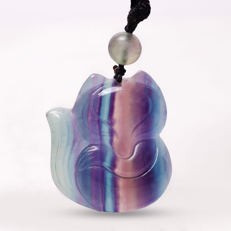 Buddha Stones天然蛍石ゴールド光沢黒曜石フォックスペンダント保護ネックレス