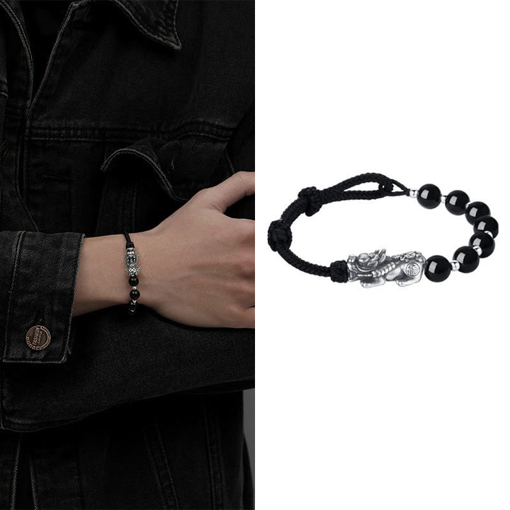 Buddha Stones999スターリングシルバー 風水 貔貅 天然黒曜石 925スターリングシルバー ビーズ 強度ブレスレット