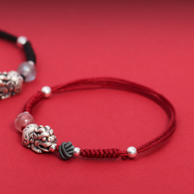 Buddha Stones 999スターリングシルバー PiXiu ストロベリークォーツビーズ 富と幸運の編み込みブレスレット
