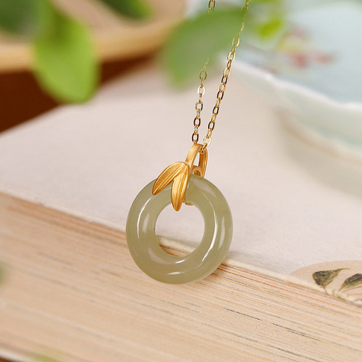 Buddha Stones 925スターリングシルバー シアン翡翠 ピースバックル 竹の葉 ハーモニーネックレスペンダント