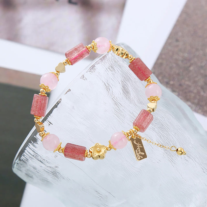 Buddha Stonesストロベリークォーツ ピンククリスタル ラブハートフラワー ポジティブブレスレット