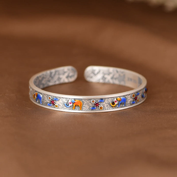 Buddha Stones999スターリングシルバー 象の強さと知恵のブレスレット カフバングル