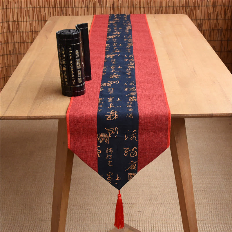 Buddha Stonesクラシックな中国風 蓮 鯉 花 鶴 書道 悟り コットン リネン タッセル テーブルランナー