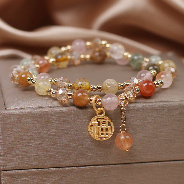 Buddha Stonesマルチカラールチルクォーツ 福文字 縁起物ブレスレット