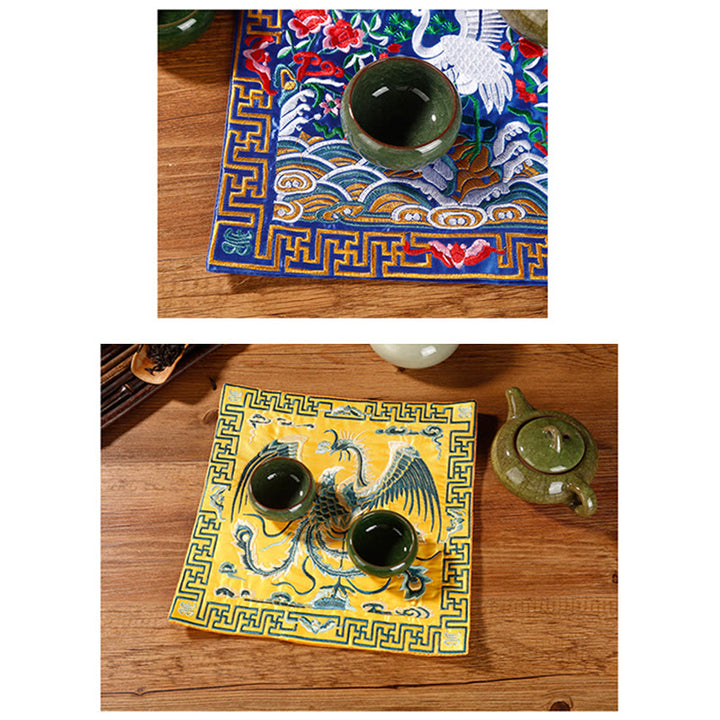 Buddha Stones鳳凰 龍 麒麟 刺繍 カップマットパッド ティーカップコースター スクエア カンフーティーマット