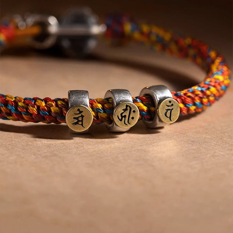 Buddha Stonesハンドメイド チベット 925 スターリングシルバー十二支誕生仏ザキラム 富の守護女神 マルチカラー ロープ編みブレスレット