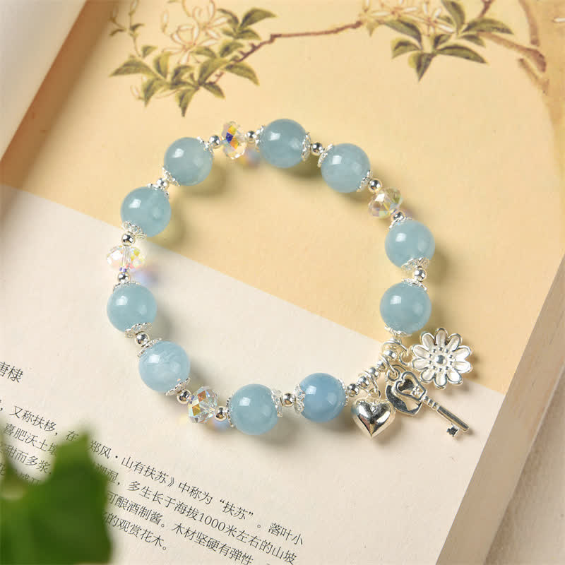 Buddha Stones925スターリングシルバー 天然アクアマリン セレニティフラワー ラブキーチャームブレスレット