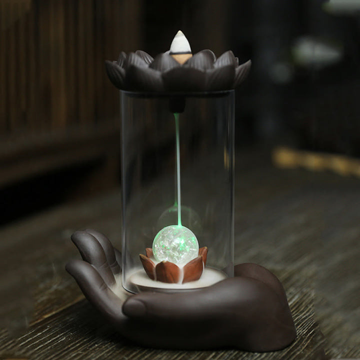 Buddha Stones仏陀の手 蓮 悟り LEDライト 紫 粘土 陶器 香炉 装飾