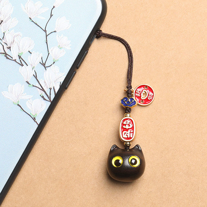 Buddha Stones黒檀 招き猫 縁起の良い雲 平和 キーホルダー 携帯電話 吊り下げ装飾