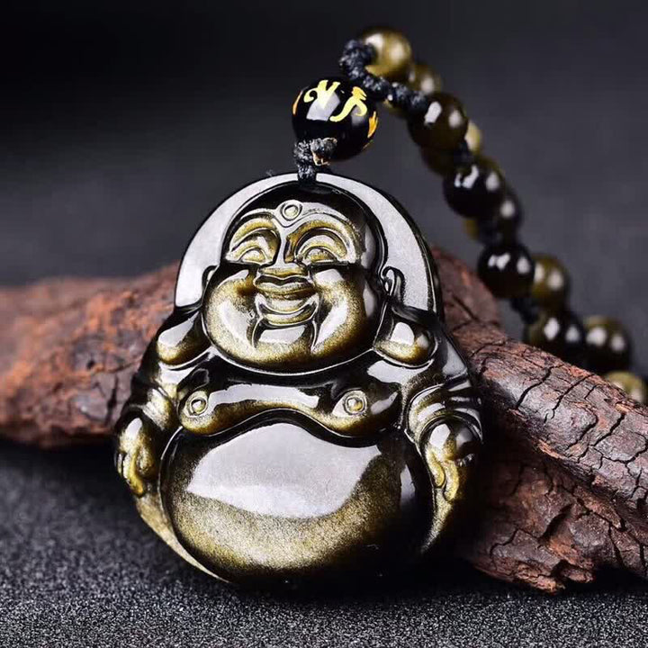 Buddha Stones笑う仏陀 金の輝き 黒曜石 富のネックレス ペンダント - ゴールドシーンオブシディアンビーズ - image 1