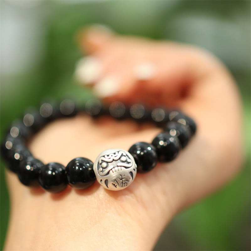 Buddha Stones 925スターリングシルバー ブラックオニキスビーズ キャラクター刻印入り 守護ブレスレット
