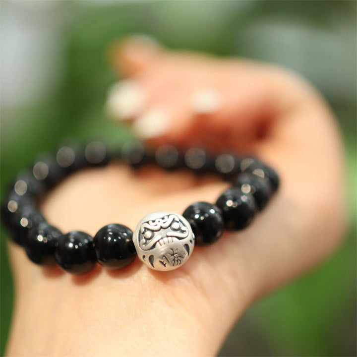 Buddha Stones 925スターリングシルバー ブラックオニキスビーズ キャラクター刻印入り 守護ブレスレット