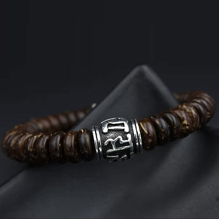 Buddha Stones天然チベットココナッツシェルオーム・マニ・パドメ・フム幸運を呼ぶブレスレット