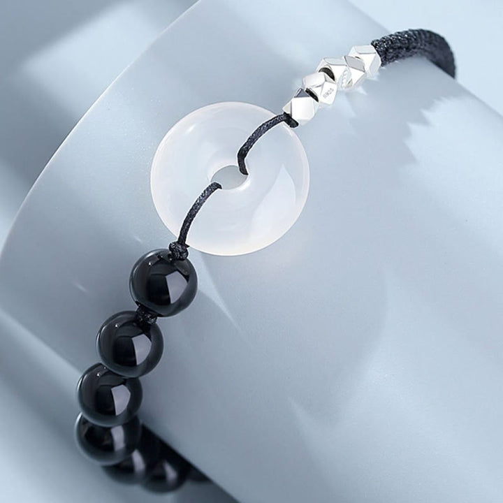 Buddha Stones 925スターリングシルバー ブラックオブシディアンアゲート ピースバックル ストレングスブレスレット