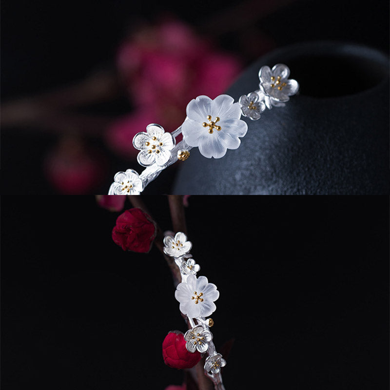 Buddha Stones925スターリングシルバー プラムフラワー 祝福ブレスレット 調節可能バングル