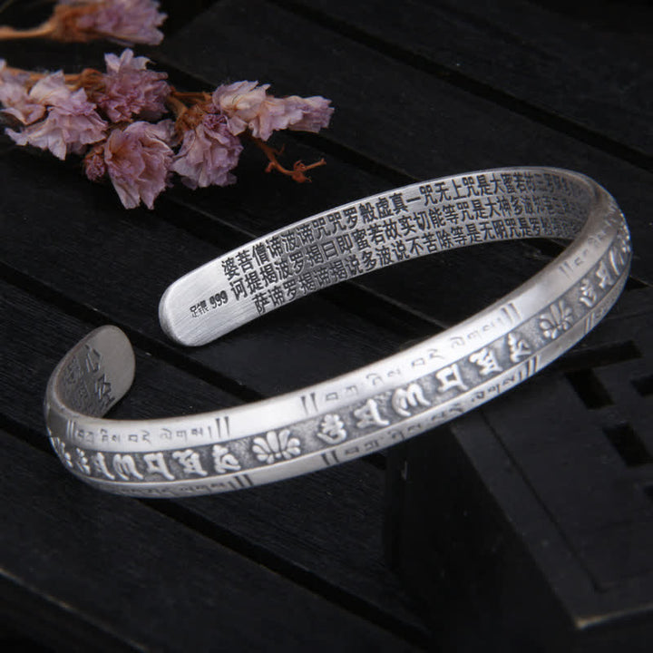Buddha Stones999スターリングシルバーオーム・マニ・パドメ・フム般若心経 蓮華座 平和ブレスレット バングル