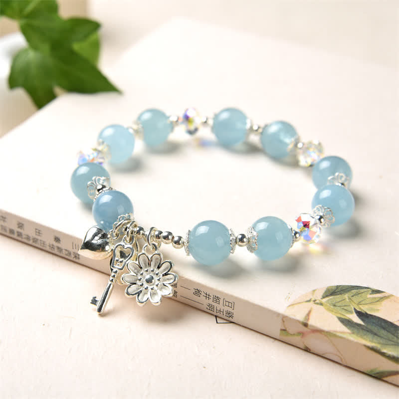 Buddha Stones925スターリングシルバー 天然アクアマリン セレニティフラワー ラブキーチャームブレスレット