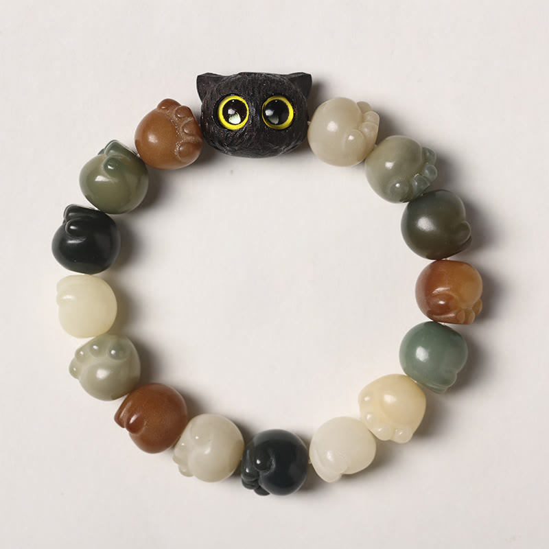 Buddha Stones天然菩提樹 愛らしい足跡黒檀招き猫 知恵のブレスレット - 多色の菩提樹 - シンプルバージョン（手首周り14～15cm） - image 1