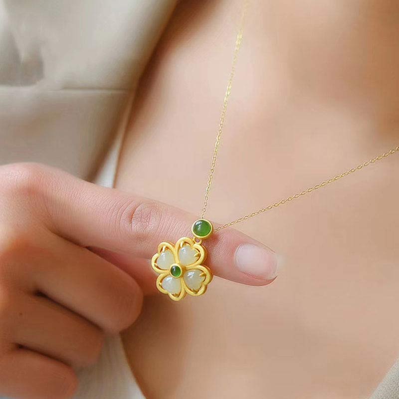 Buddha Stones925スターリングシルバー 幸運の四つ葉のクローバー 翡翠 繁栄のネックレスチェーンペンダント