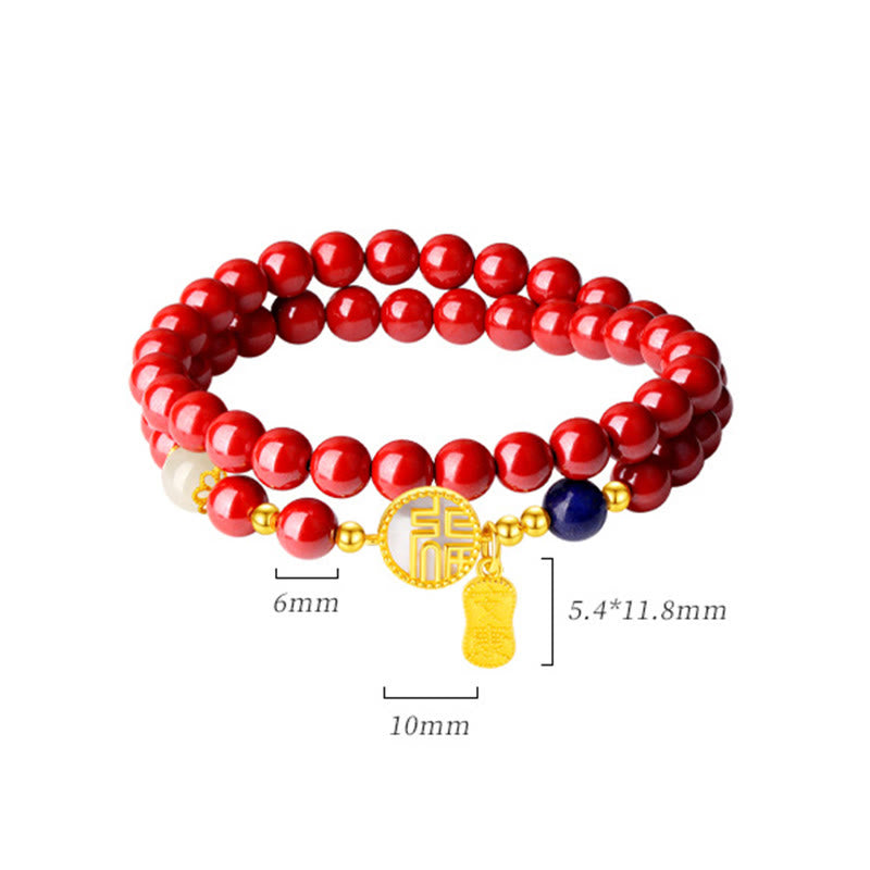 Buddha Stones 925スターリングシルバー 辰砂 シャコガイ フーキャラクター ダブルラップ 祝福ブレスレット