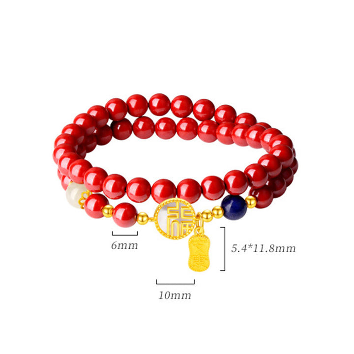 Buddha Stones 925スターリングシルバー 辰砂 シャコガイ フーキャラクター ダブルラップ 祝福ブレスレット