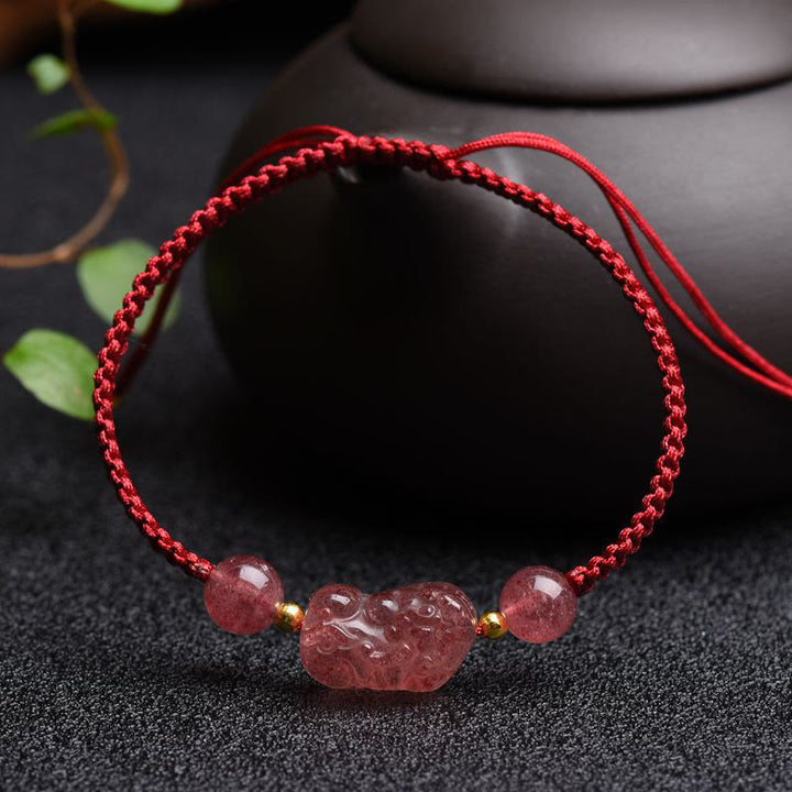 Buddha Stones天然ストロベリークォーツ貔貅幸運の赤紐ブレスレット
