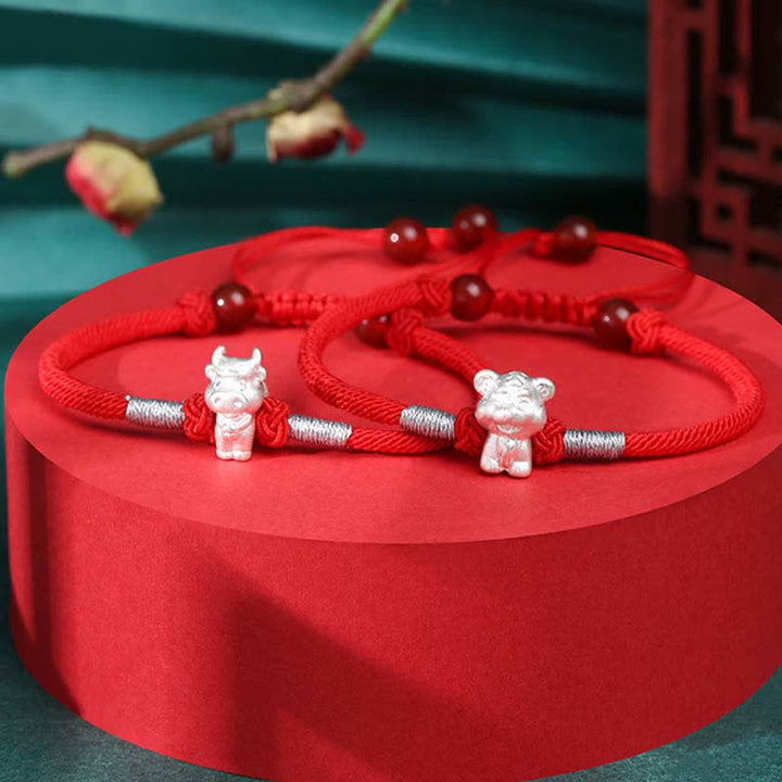 Buddha Stones999スターリングシルバー 中国十二支 幸運 強さ赤紐ブレスレット