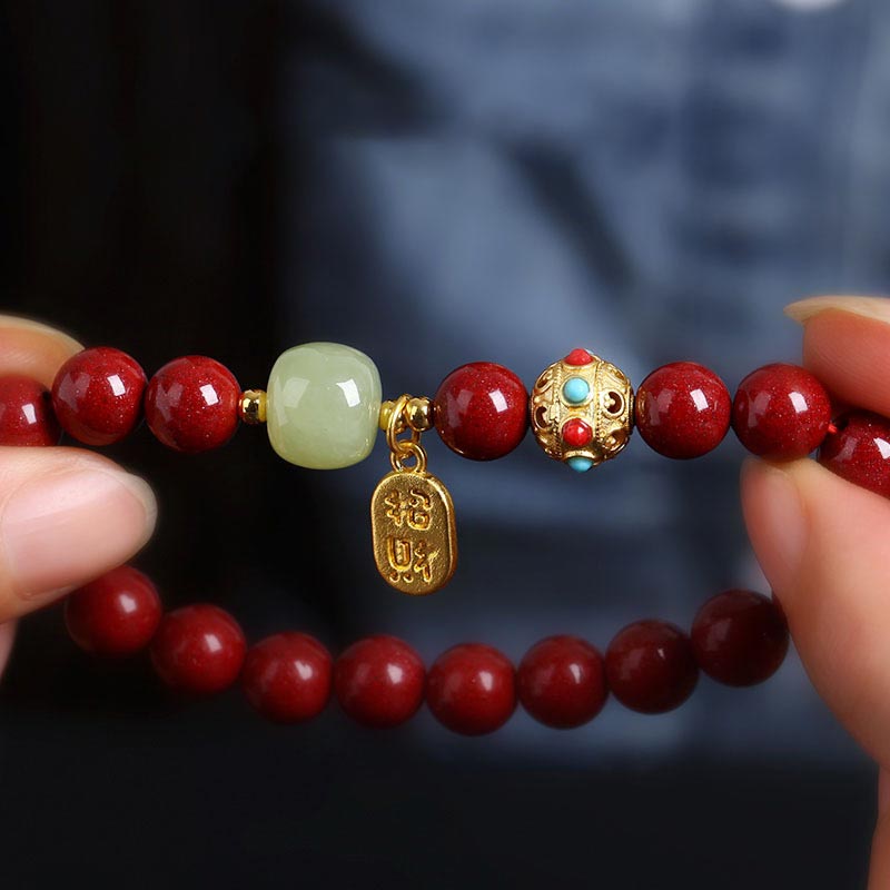 Buddha Stones辰砂 グリーンアベンチュリン 幸運 守護 チャームブレスレット