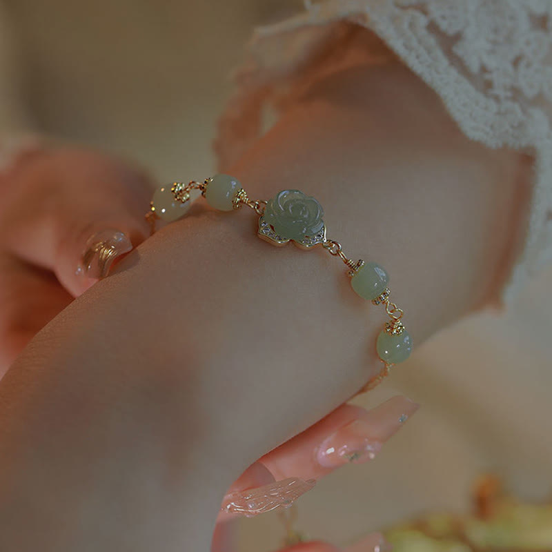 Buddha Stones14K ゴールドメッキ 和田翡翠 ローズフラワー 幸運のチェーンブレスレット