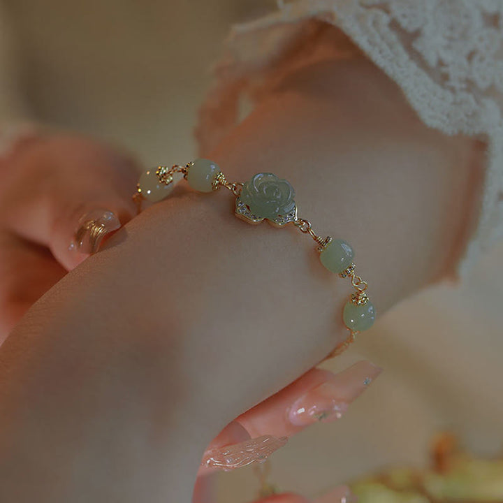 Buddha Stones14K ゴールドメッキ 和田翡翠 ローズフラワー 幸運のチェーンブレスレット