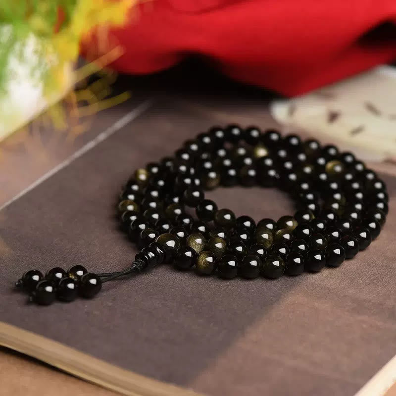 Buddha Stones 108Malaビーズ 天然ゴールド 光沢 黒曜石 富のブレスレット