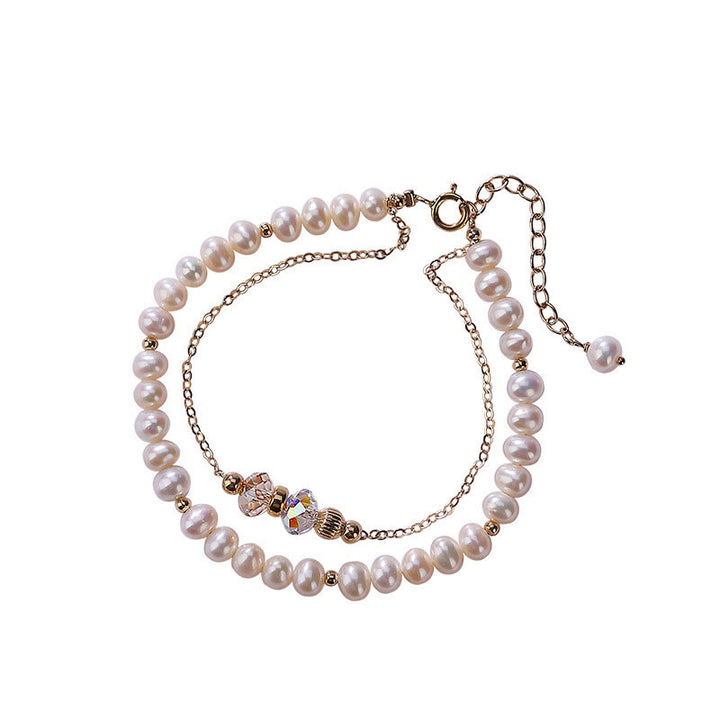 Buddha Stones925スターリングシルバー 14Kゴールドメッキ 天然パールクリスタル ヒーリング ダブルレイヤーブレスレット
