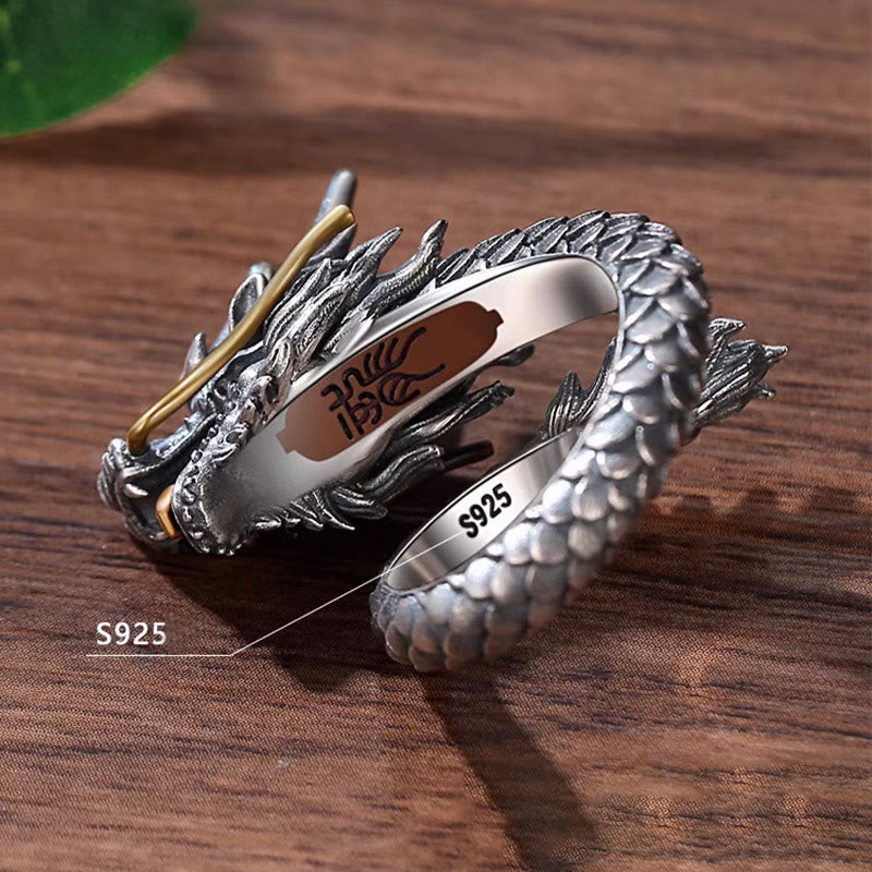 Buddha Stones925 スターリングシルバー ヴィンテージ ドラゴンデザイン 保護 強度 調節可能 リング