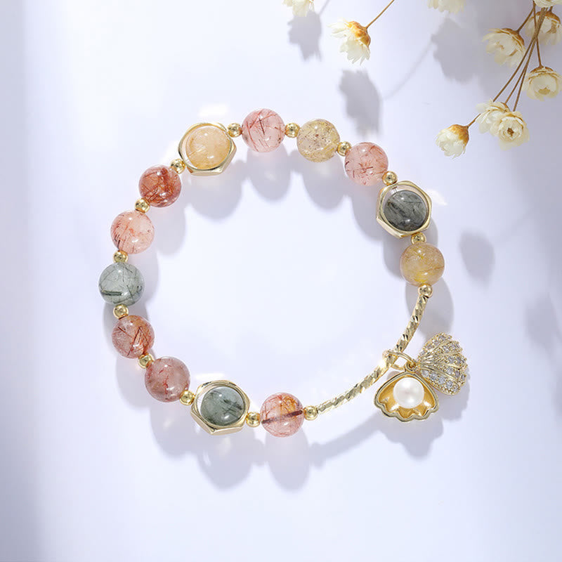 Buddha Stones天然 カラフル ルチルクォーツ シェル 保護 ビーズ ブレスレット