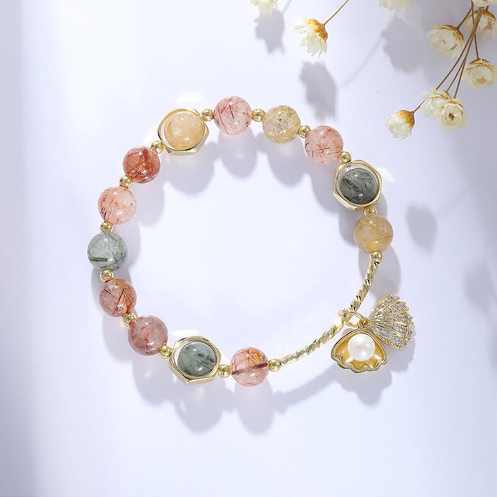 Buddha Stones天然 カラフル ルチルクォーツ シェル 保護 ビーズ ブレスレット