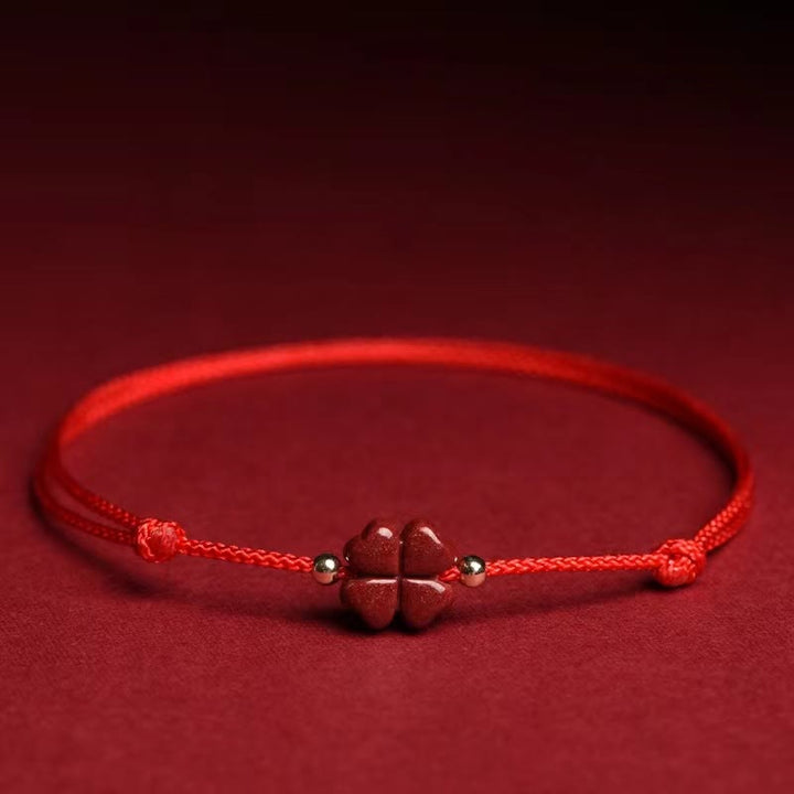 Buddha Stones天然辰砂 四つ葉のクローバー 祝福の赤い紐ブレスレット アンクレット