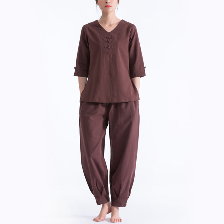 Buddha Stonesヨガ瞑想祈りVネックデザインコットンリネン服ユニフォーム禅練習レディースセット