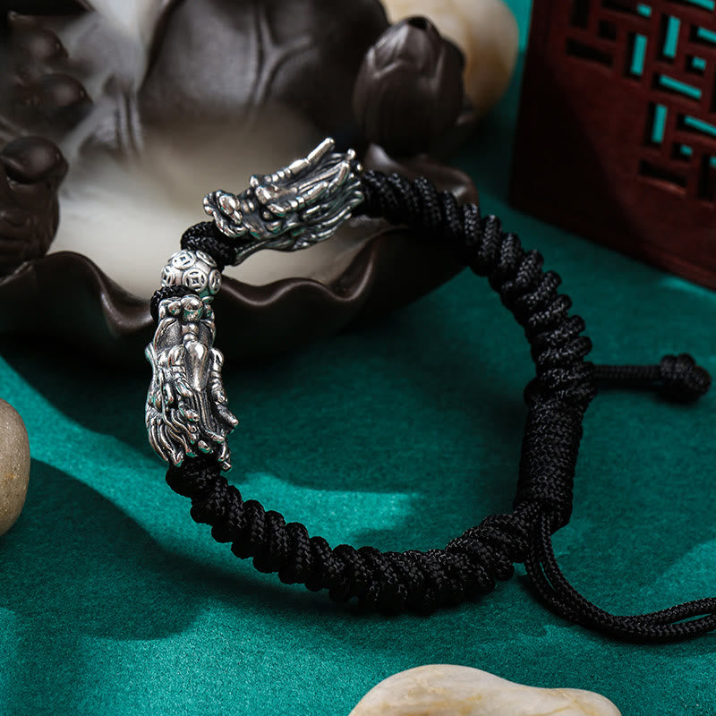 Buddha Stones999 スターリングシルバー ダブルドラゴン 幸運 ハンドメイド 編み込みブレスレット
