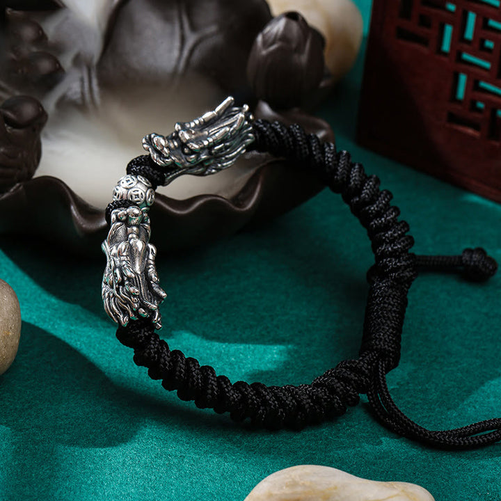Buddha Stones999 スターリングシルバー ダブルドラゴン 幸運 ハンドメイド 編み込みブレスレット