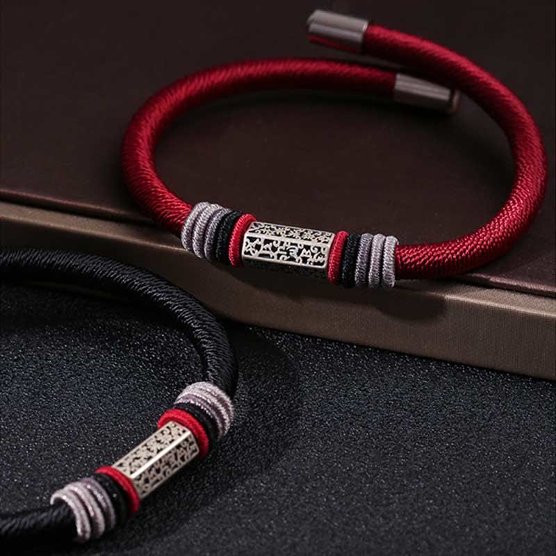 Buddha Stones925スターリングシルバーオーム・マニ・パドメ・フム平和の赤紐ブレスレット