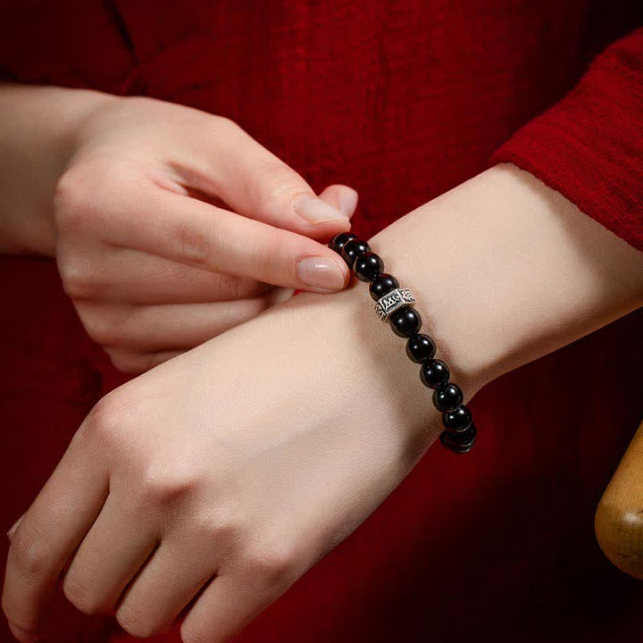 中国の十二支誕生石仏925スターリングシルバーブラックオブシディアンムーンストーンパワーブレスレット