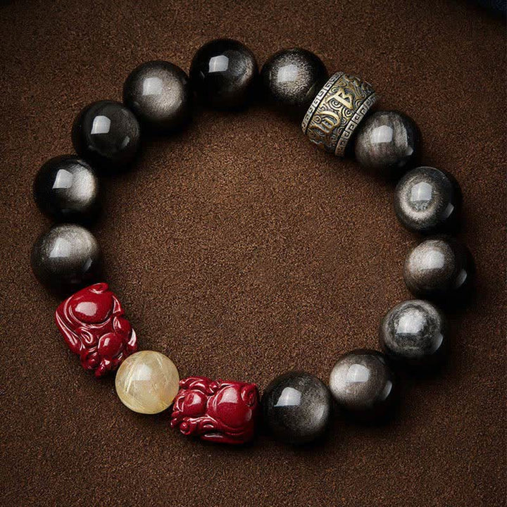 Buddha Stones金彩 黒曜石 貔貅 辰砂オーム・マニ・パドメ・フム守護ブレスレット