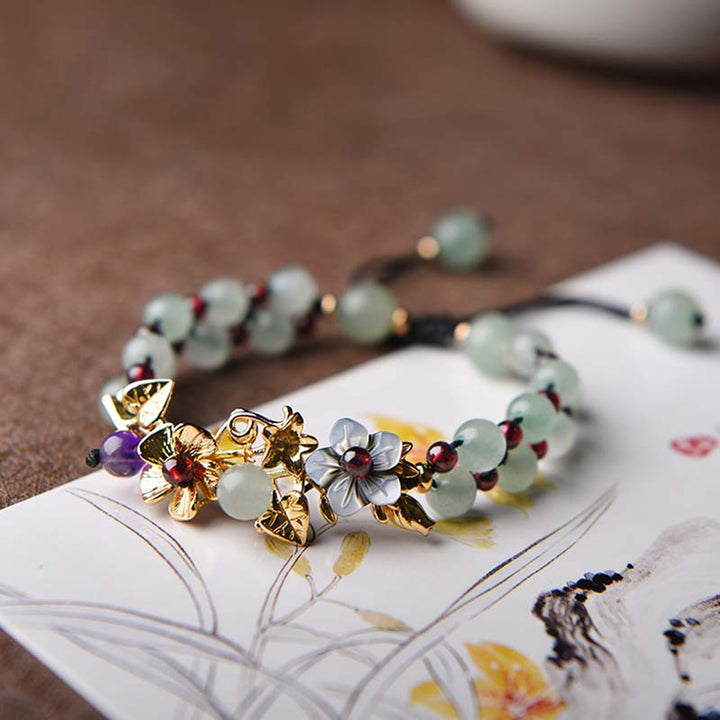 グリーンアベンチュリン ガーネット ビーズ 花びら 幸運 パワーストーンブレスレット Buddha Stones