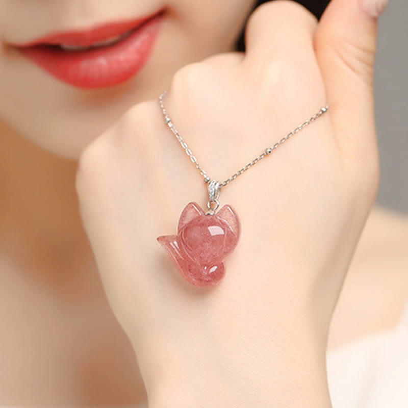 Buddha Stones 14Kゴールドメッキ 925スターリングシルバー ストロベリークォーツ フォックスヒーリングネックレスペンダント