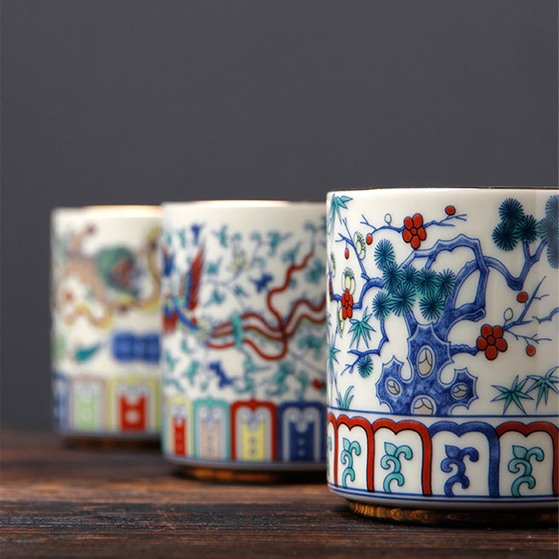 Buddha Stonesヴィンテージ 梅の花 松 竹 鳳凰 麒麟 獅子舞 陶器 ティーカップ ティーカップ