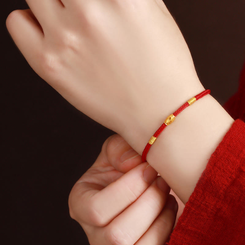 Buddha Stones999ゴールド ラッキービーズ 8スレッド ピースノット レッドロープブレスレット