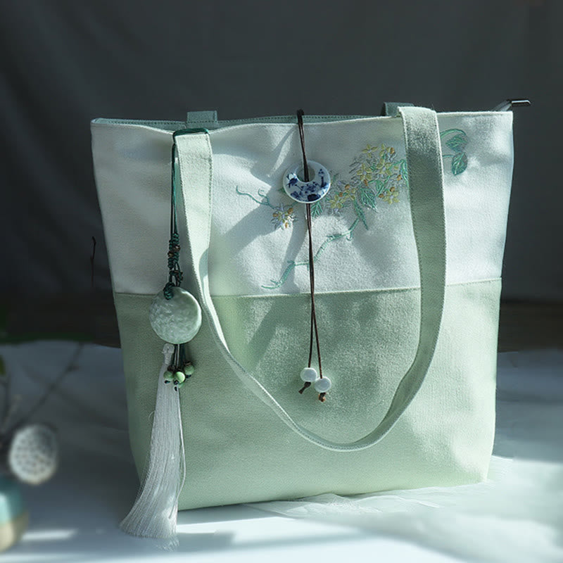 梨花 梅 桃の花 竹刺繍 キャンバス 大容量 ショルダーバッグ トートバッグ