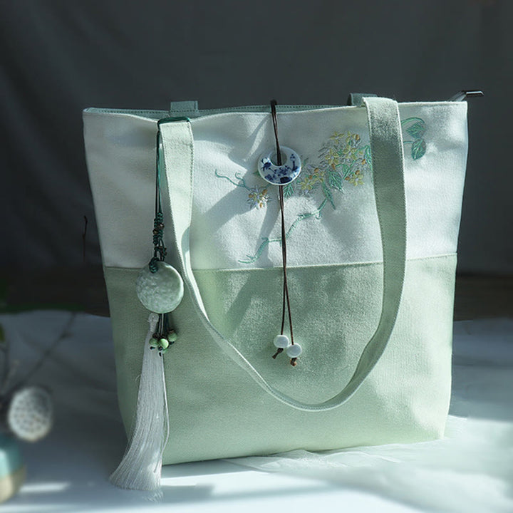 梨花 梅 桃の花 竹刺繍 キャンバス 大容量 ショルダーバッグ トートバッグ