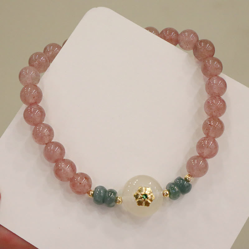 Buddha Stones天然ストロベリークォーツ カルセドニー 翡翠 ヒーリングブレスレット